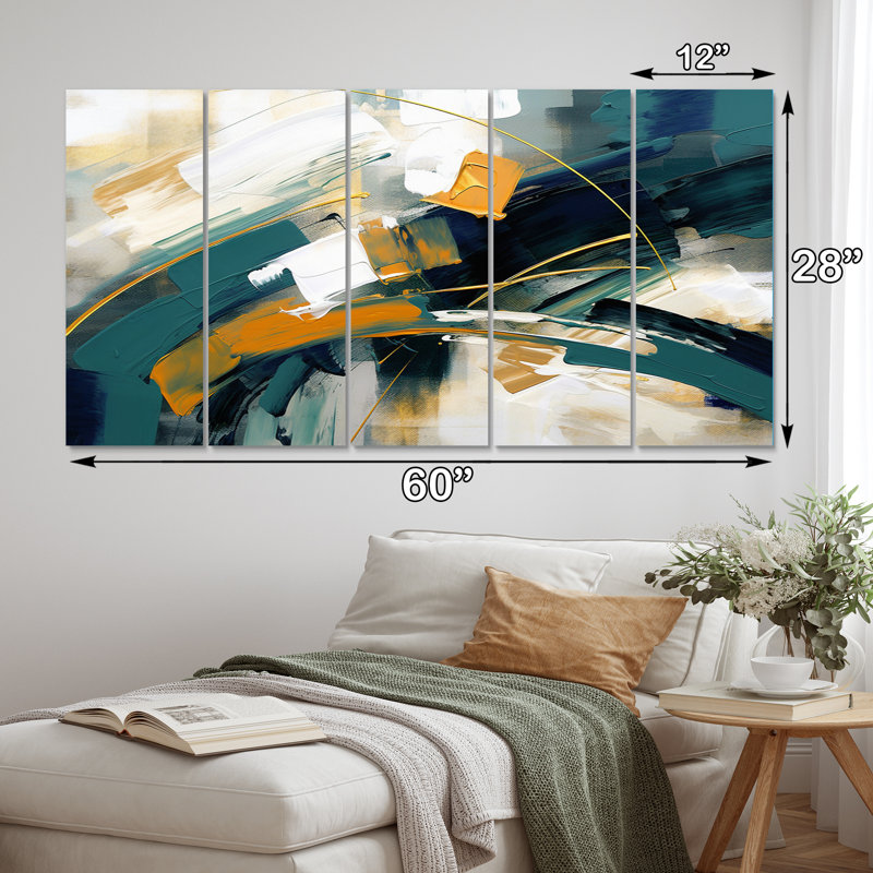 Jaune et vert dansant avec couleurs I - reproduction sur toile abstraite - 5 panneaux égaux
