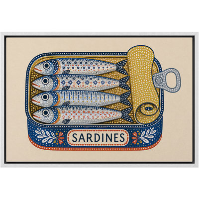 "Folk Art" sardines en étain doré bleu avec pois décoratifs et fond crème, reproduction d'art sur toile encadrée