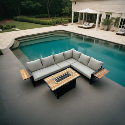 Denver 5-Piece Black Aluminum Outdoor Patio Fire Pit Deep Sectional Seating Set with Cast Natural Cushions by Latitude Run