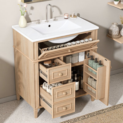 Meuble-lavabo de 30 po avec lavabo, armoire en bois massif et panneau de fibres à densité moyenne, tiroir rabattable, 2 tiroirs à fermeture en douceur, 1 porte à fermeture en douceur, poignées en bois élégantes, meuble-lavabo de rangement moderne autoportant