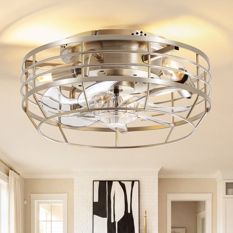 Ventilateur de plafond encastré de 20 po avec lumières encastrées et télécommande, ventilateur de plafond moderne fermé, ventilateur de plafond E12 à 3 lumières avec moteur à courant continu réversible à 6 vitesses, nickel brossé