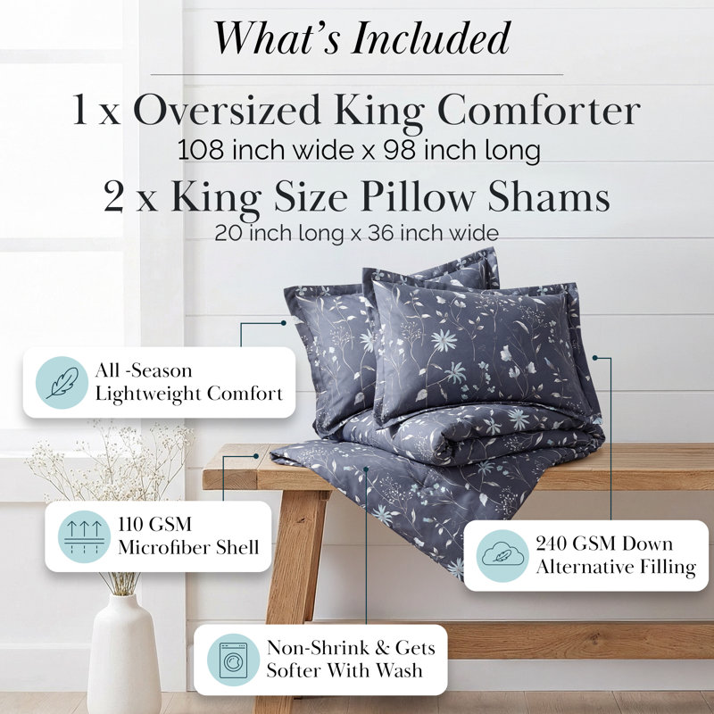 Ensemble de couette réversible Southshore Fine Linens Secret Meadow bleu, en microfibre doublement brossée à motif floral avec garniture en fibres synthétiques, comprenant une couette et deux taies d'oreiller King (taille King/California King).