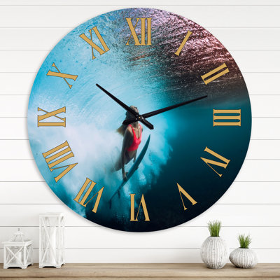 Surfer Woman Catching Underwater Wave - Nautical & Coastal wall clock