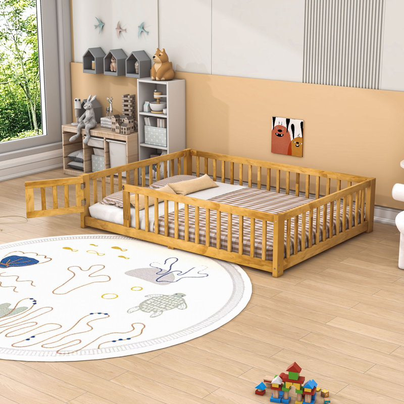 Floor Bed With Safety Guardrails And Door, Natural, Full