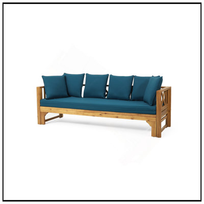 Lit de jour en bois d'acacia Long Beach avec structure en X rustique, conception extensible et coussins résistants à l'eau pour une détente en plein air