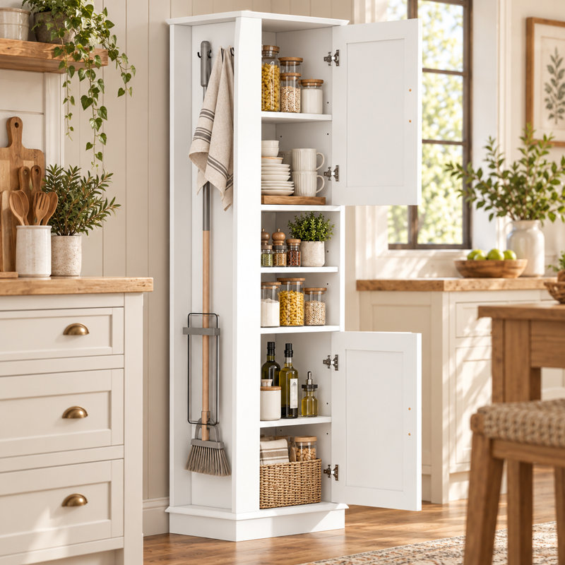 Armoire de rangement de cuisine, armoire de rangement autoportante avec crochet et tablette réglable, Blanc