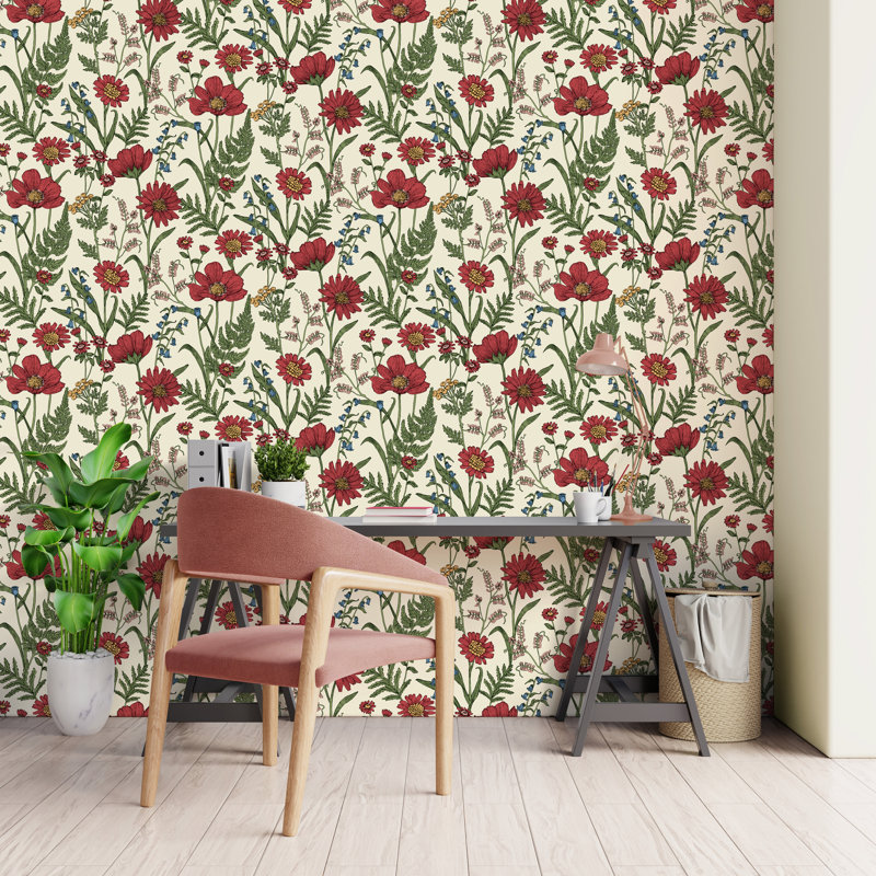Wild Meadow Botanical Wallpaper, Red