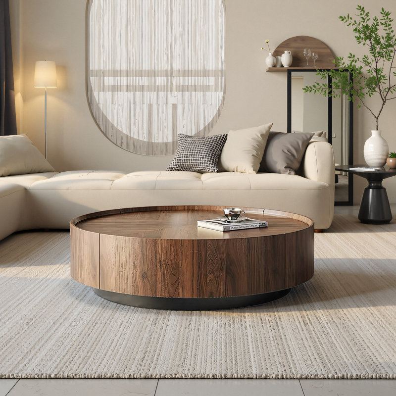Pre-Assembled Walnut Round Coffee Table with Hidden Storage Drawers for Living Room or Home Office