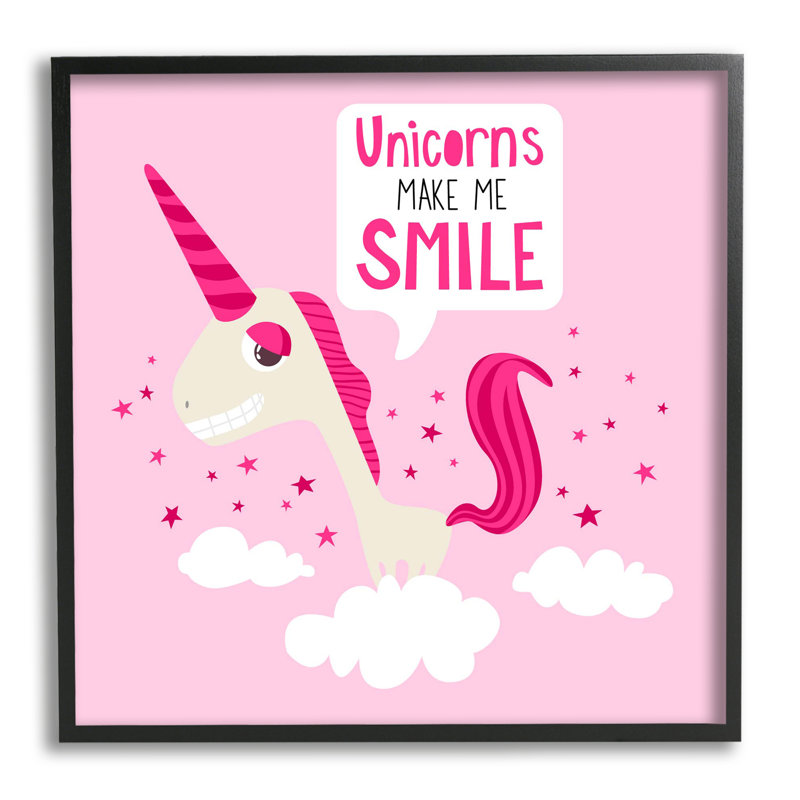 «Unicorns Make Me Smile Expression Happy Pink Unicorn» par Make Beaucoup Studios - impression, Giclée encadrée noir minuit