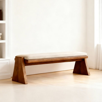 Beige Solid Wood Upholstered Bench