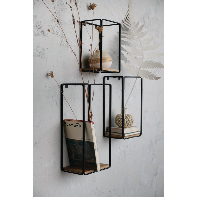 Ensemble de 3 tablettes murales en métal / bois de manguier