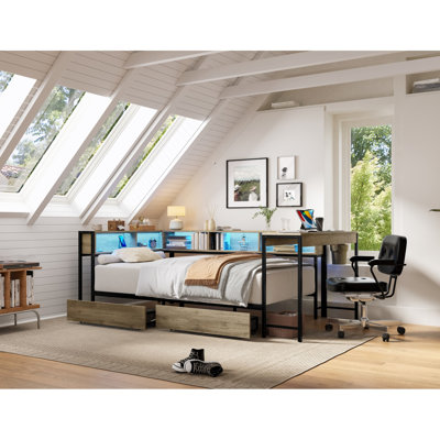 Structure de lit d'angle pleine grandeur avec bibliothèque et 2 tiroirs de rangement sous le lit, lit double moderne avec lumière DEL et station de charge, lit de jour moderne, interchangeable gauche et droite, gris