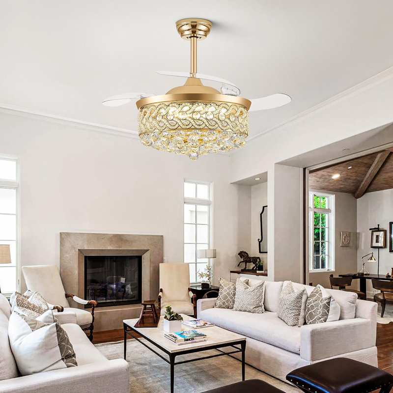 42 Inch Crystal Fandelier Ceiling Fan, Retractable Chandelier Ceiling Fan With Lights And Remote For Bedroom Living Room, LED Dimmable, Quiet DC Motor