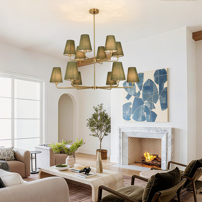 12-Light Adjustable Sputnik Chandelier – Linen Shades, Copper Finish, Sloped-Ceiling Compatible, Dimmable Dining Room Statement Fixture.