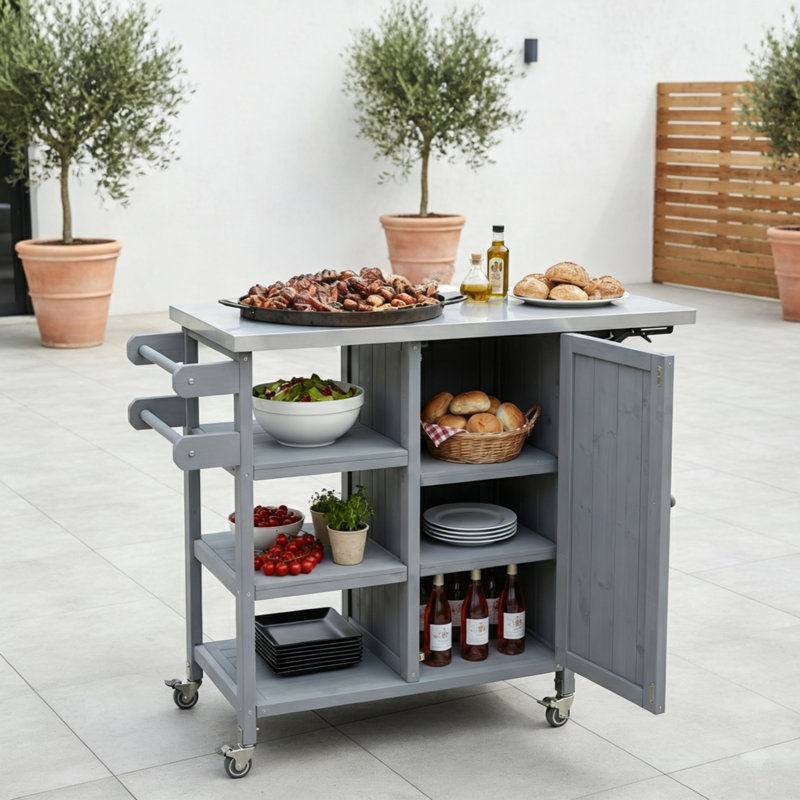 Foldable Outdoor Kitchen Island With Lockable Wheels And Towel Rack, Gray