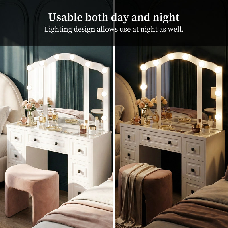 Large White Vanity Desk with Tri-Fold Lighted Mirror, Makeup Vanity Table with Built-in Power Outlets, Hair Dryer Rack, Glass Top & 5Drawers