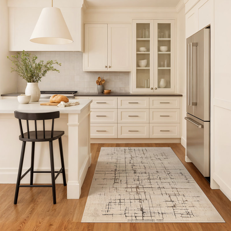 Modern Abstract Linear Ivory Mist Cream Indoor High-Low Area Rug, Rectangle 4' x 6'