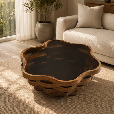 Table basse 35,83 pouces de forme artistique irrégulière en forme de nuage, plateau en verre trempé, base en panneau de fibres à densité moyenne multi-couches, table basse moderne unique pour les appartements et les salons