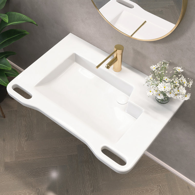 31.5" W X 22" D ADA Compliant Ceramic Bathroom Sink Wall-Mounted Rectangular White Sink Wall Hung Accessible Vessel Sink with Single Pre-Drilled Faucet Hole & Integrated Handles