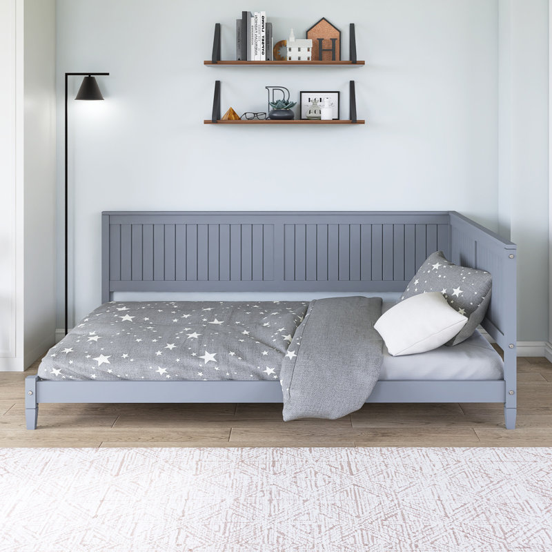 Lit plateforme en bois avec accoudoirs, Gris, Lit double