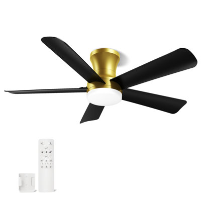Flush Mount Low Profile Ceiling Fan with Light and Remote, 42 Inch | Modern 5-Blade, 8 Speeds, 3CCT, Timer, Reversible, Quiet, LED, For Bedroom, Living Room, Indoor/Outdoor Patio Use, Gold Black