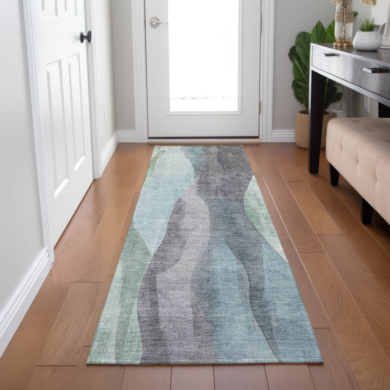 Tapis bleu sarcelle lavable à la machine intérieur / extérieur Xhevrie, Tapis de couloir 2 pi 3 po x 7 pi 6 po