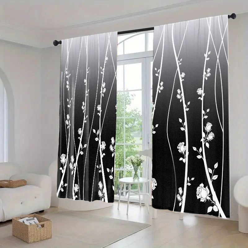 2Pcs Ombre Curtains, Rose Floral Pattern Rod Pocket Window Drapes, Light Filtering Gradient Treatments for Living Room Bedroom Kitchen, Privacy Enhancing Panels, Elegant Home Decor
