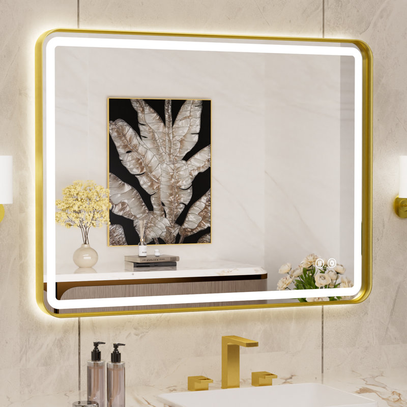 Miroir de salle de bain lumineux à DEL avec cadre en aluminium, éclairage avant et arrière, antibuée, 3 températures de couleur et intensité variable
