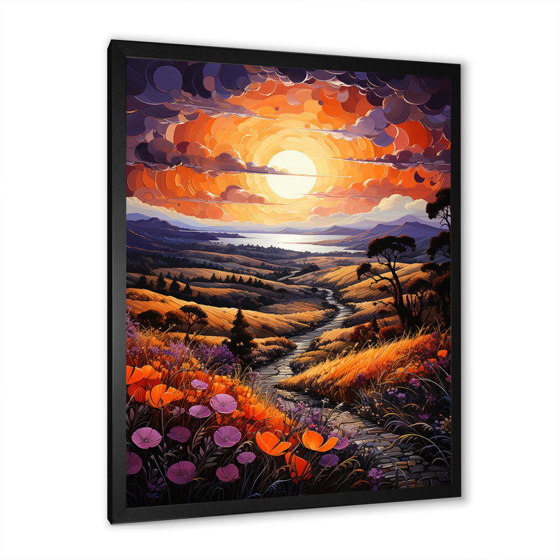 Lindoro " Sunset Tangerine Twilight Patchwork II ", Black Picture Framed, 40" H x 30" W x 1.5" D