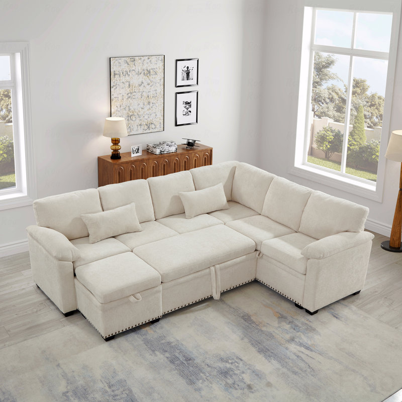 Canapé modulaire Basic, canapé d'angle en forme de L avec siège et repose-pieds de rangement, canapé d'angle en chenille avec 7 sièges et 2 coussins décoratifs