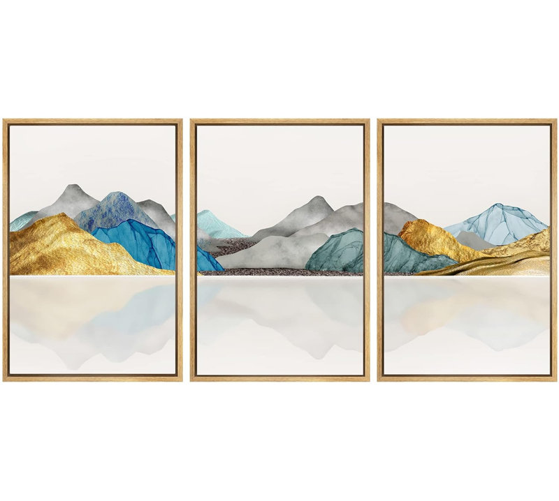 Abstract Mountain " Vibrant Gold Teal Mountain Range Landscape Illustration Modern Art Decor Nordic Calm Zen " 3 - Pieces