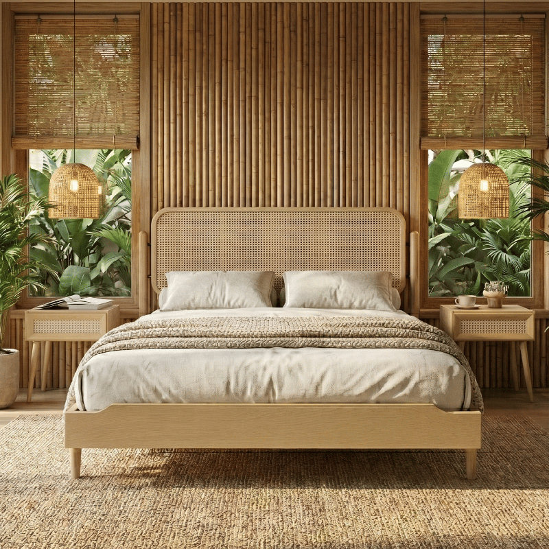Grand lit plateforme NTC Ariston avec tête de lit en rotin naturel tissé à la main - Placage de chêne, pieds en chêne américain massif, design luxueux et décontracté, lattes silencieuses, assemblage sans effort, grand lit