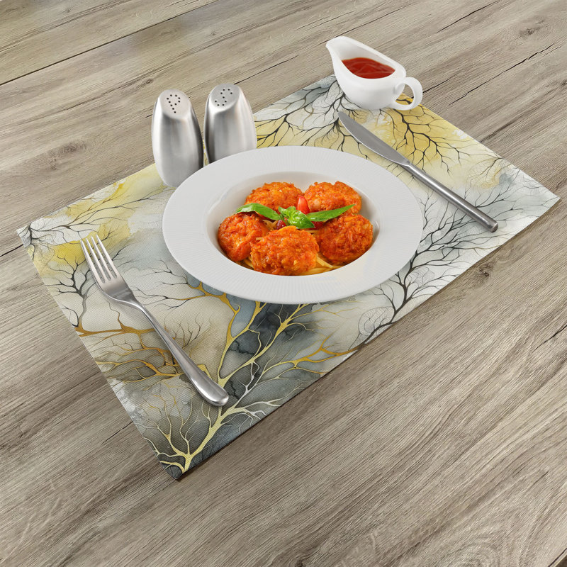 Mustard Blue Grey Khaki Watercolor Branch Polyester Placemats Set of 4