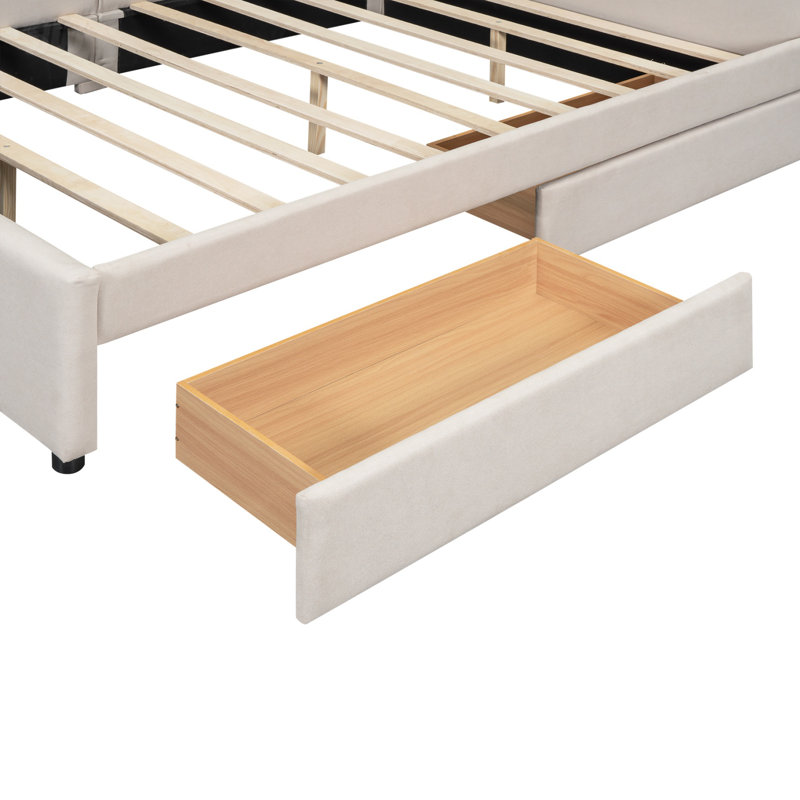 Lit plateforme double tapissier avec USB et 2 tiroirs, beige