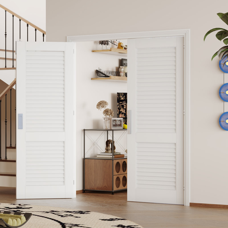 Porte double Slab - Portes persiennes intérieures en MDF à persiennes intérieures blanches (poignée, loquet et goupille inclus, à peindre)