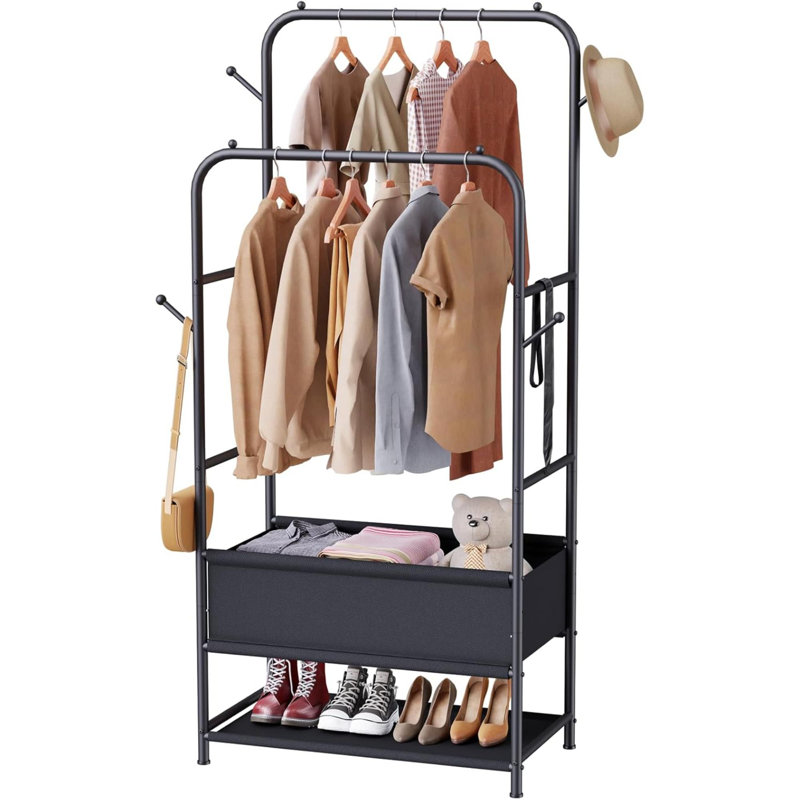 Black Metal Double Rods Garment Rack with Storage Box