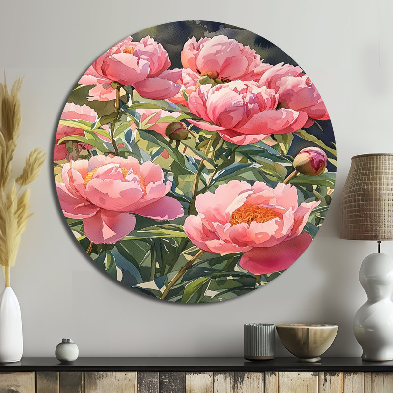 Kapone - reproduction d'art traditionnelle rose en métal, pivoines rondes, art mural en métal, H 16 po x l 16 po