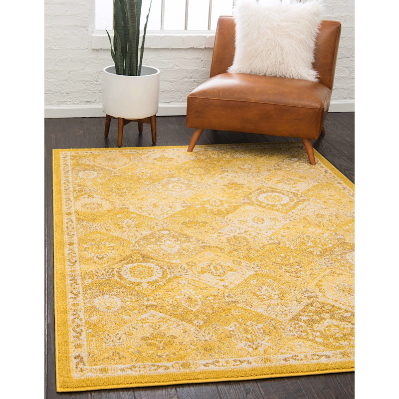 Tapis jaune à motif abstrait Kalf, Rectangle 8 pi x 10 pi