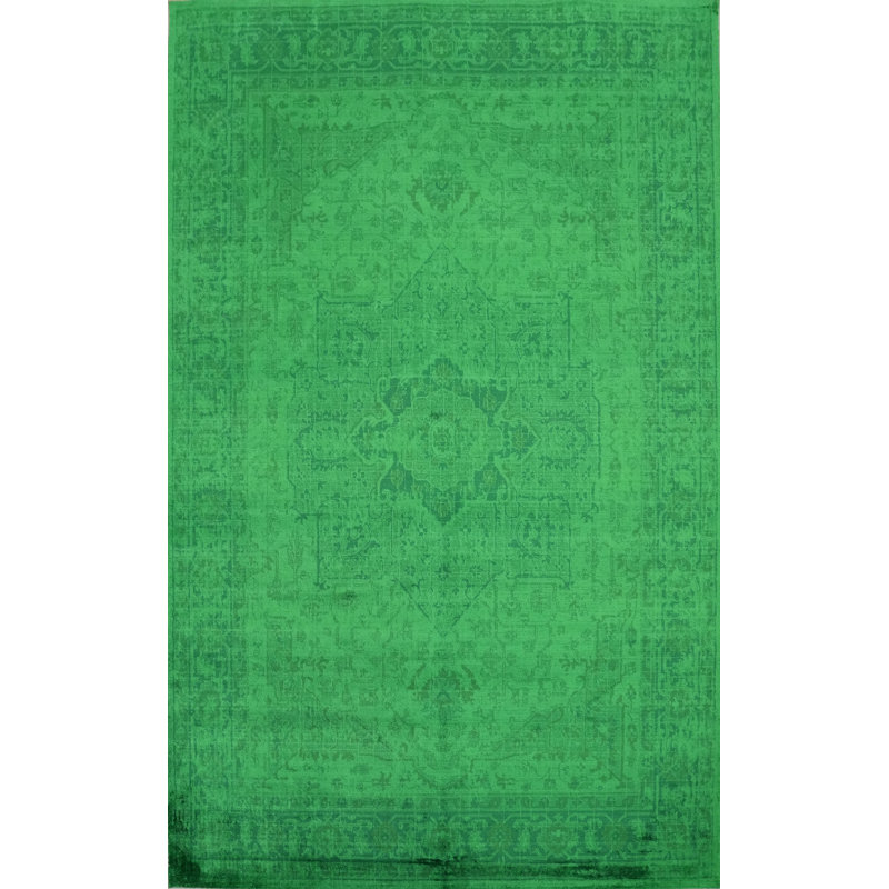 Tapis vert vibrant de style rétro 5 x 7 avec des motifs complexes