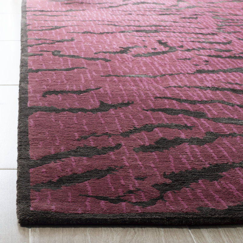 Hand-Knotted Raspberry and Coffee Wool Silk Rug, 6' x 9'