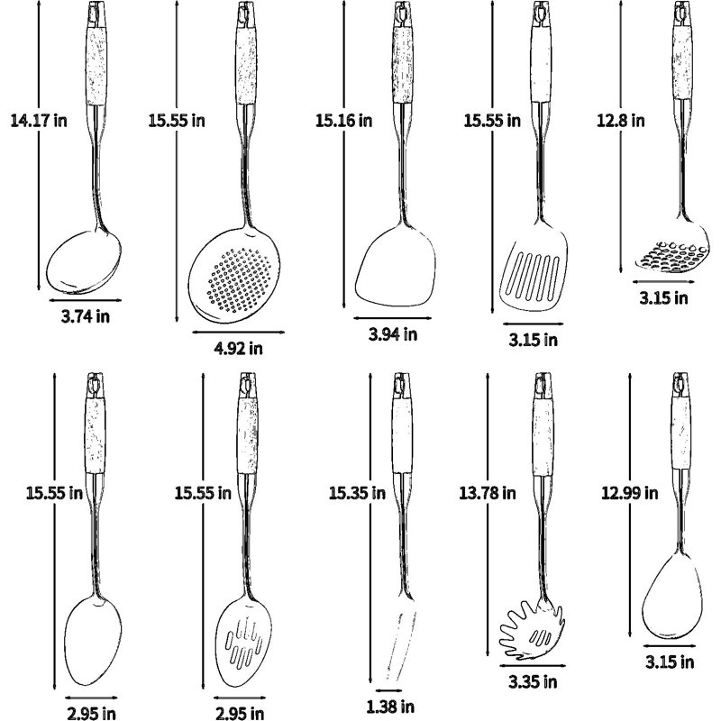Ensemble d'ustensiles de cuisine en acier inoxydable 10 pièces avec poignée en bois, outils de cuisine en métal 18/10 pour usage professionnel et domestique, va au lave-vaisselle