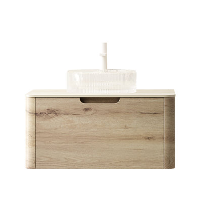 Bathroom Vanity 30" With Transparent Round Basin Of Crystal Glass, Pattern Sintered Stone Top, Floating Plywood Cabinet, White Oak Finish, Soft Close Damping, Easy Assembly Glass And Artistic