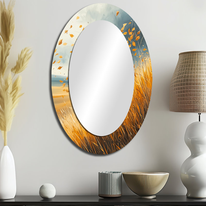 Feuilles dans un champ de blé venteux - Miroir décoratif floral ovale sur métal, 36 po x 24 po
