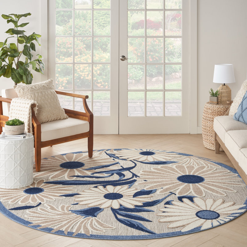 Tapis intérieur / extérieur bleu / gris Alayia, Rond 5 pi 3 po