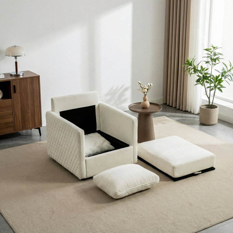 Fauteuil demi-tonneau pivotant capitonné en chenille avec rangement caché, Beige