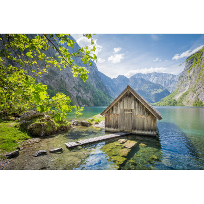 Lake Obersee With Boat House In Summer, Bavaria, Germany by Bluejayphoto - Wrapped Canvas Print