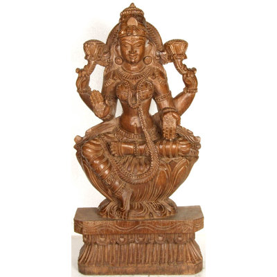 Handcrafted Wood Goddess Lakshmi Statue, 24 in. Temple Carving     South Indian Sacred Sculpture for Home Altar & Meditation Room