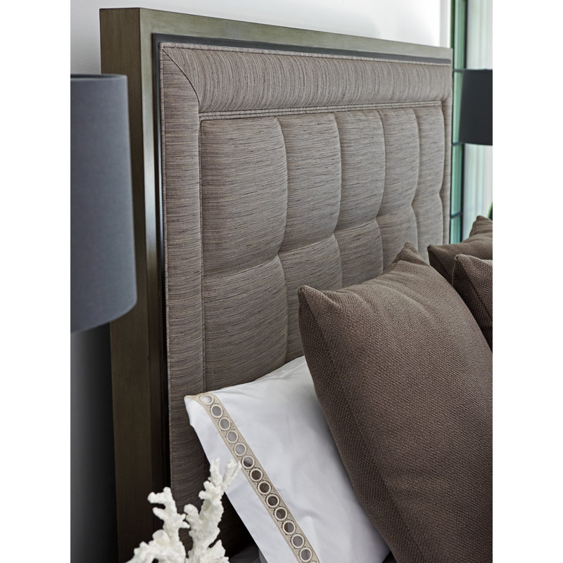Transitional King Upholstered Bed with Tufted Gray Headboard and Storage Drawer