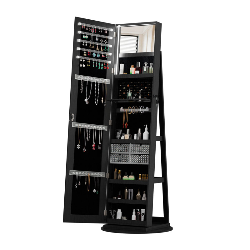 360°Swivel Jewelry Cabinet With Full Length Mirro, 62.3" x 21.6", Black