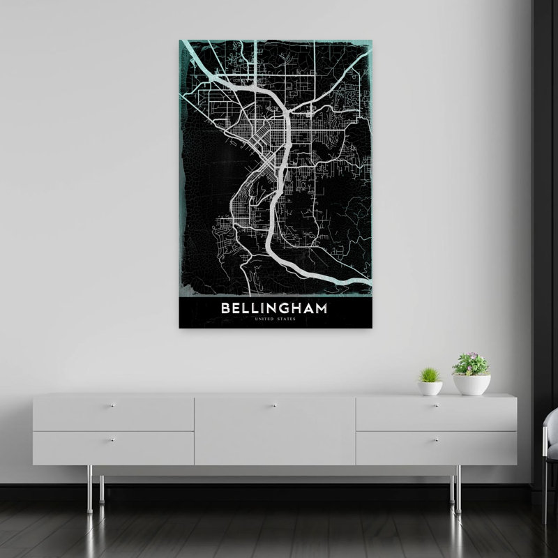 «Bellingham Dark Map Contemporary City», reproduction d'art murale, H 60 po x l 40 po